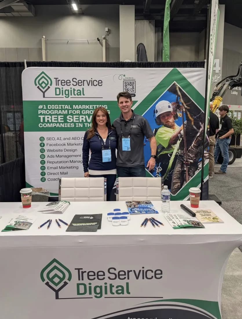 Tree Service Digital backdrop and fitted table cover at a trade show booth