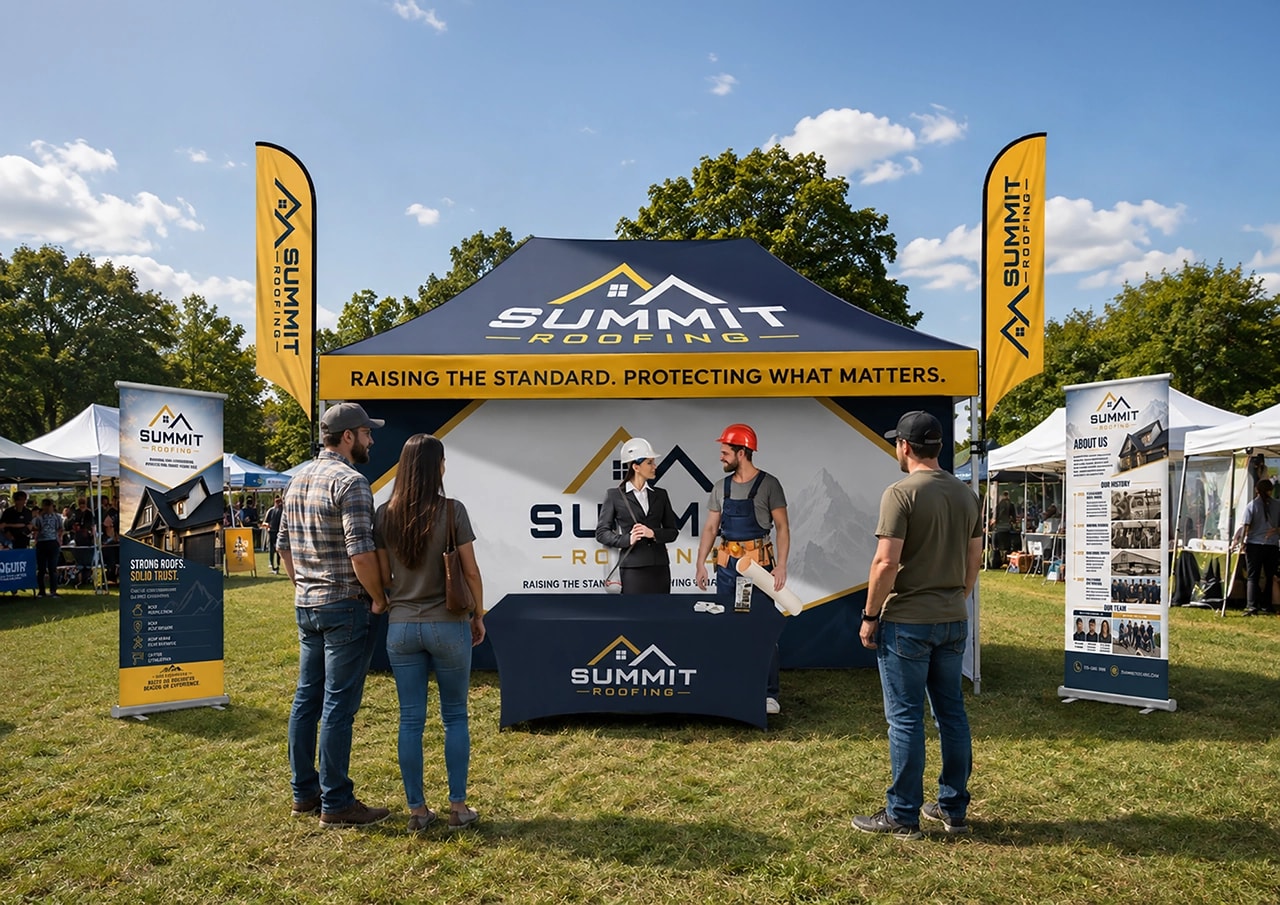 Branded outdoor event booth with custom canopy tent, feather flags, table cover and roll-up banners